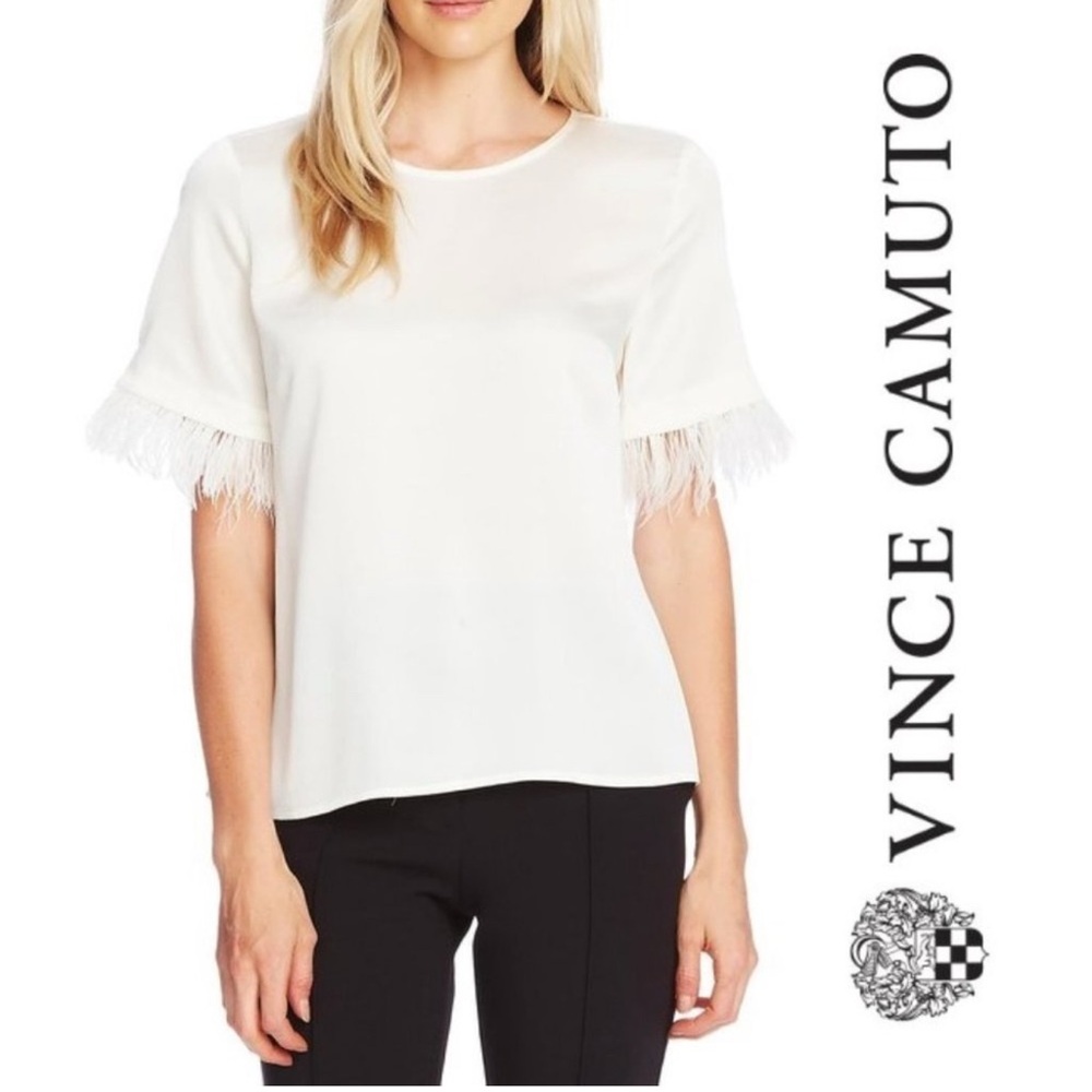 Vince Camuto Cream white feather Fringe short Sleeve Blouse top satin Small - Picture 2 of 8